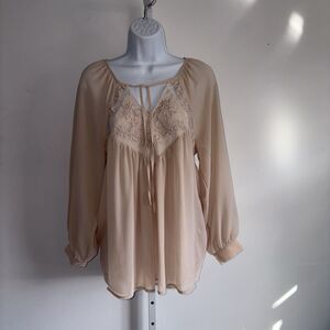 Sundance Beige Embroidered Chiffon Blouse Top Pearl Embellished Size XS Lined